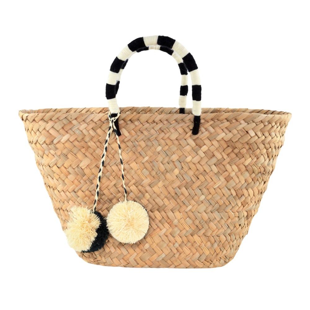 Kayu St Tropez Pom Pom Straw Tote Blk White Striped Handles Basket Summer‎ Light